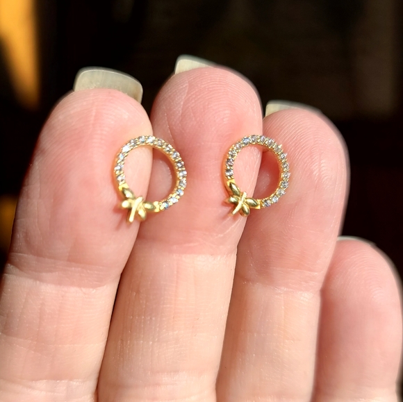 Dainty dragonfly on a circle of white Topaz sterling & gold Earrings - Picture 5 of 6